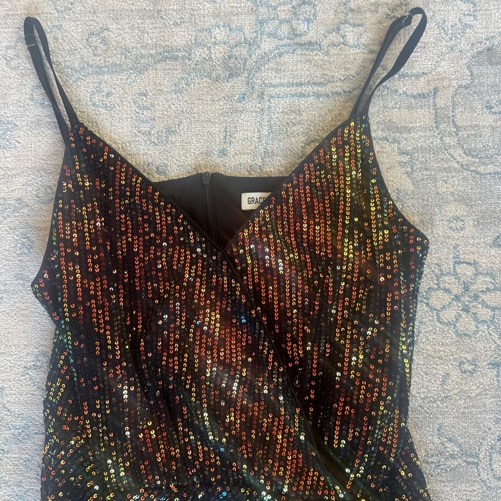 Grace Karin Multicolor Metallic Gold Sequin Mini Dress | Wrap Front | Size L - Picture 3 of 11